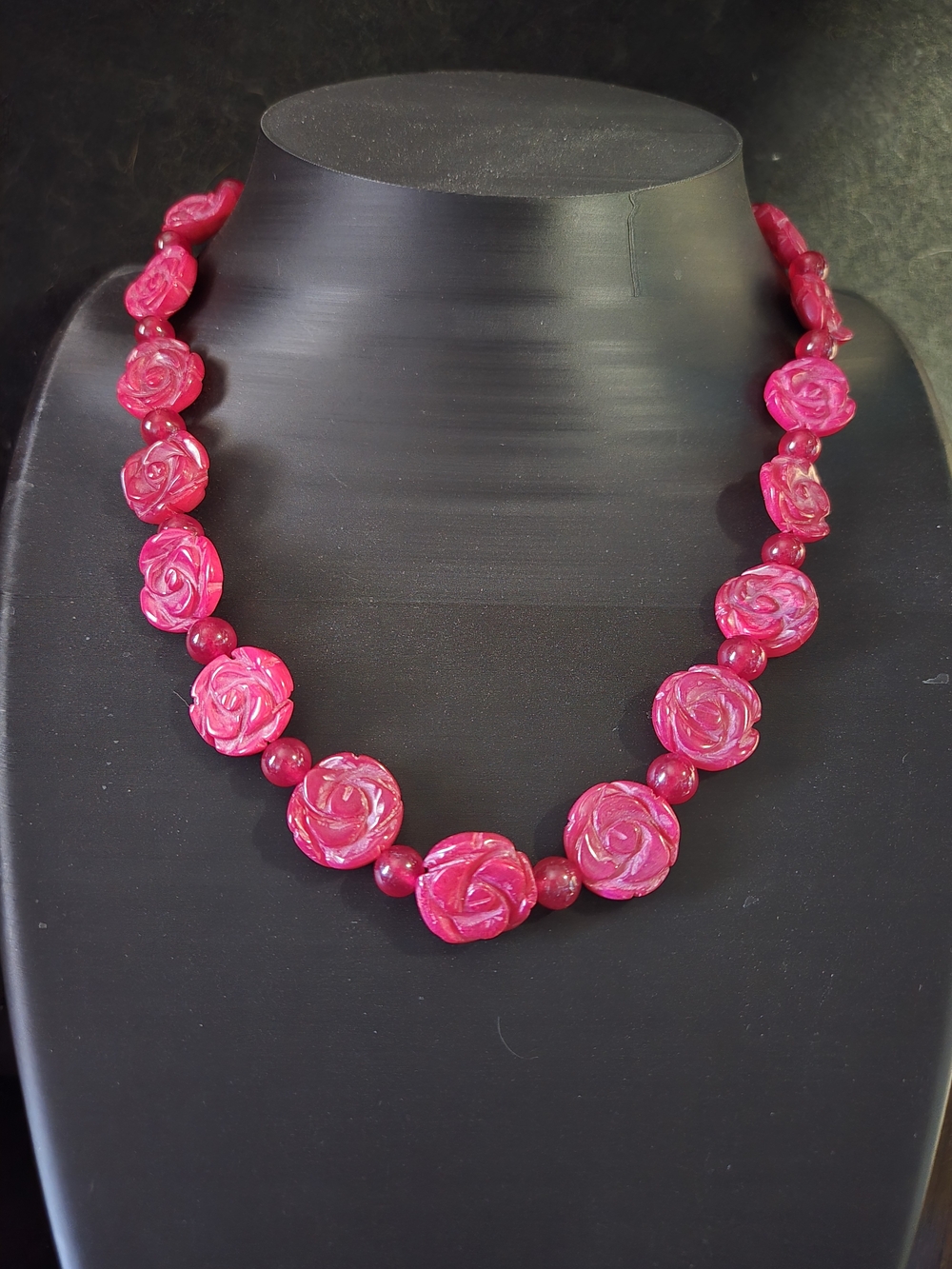 Artisan Indonesian Jade Pink Rose And Ruby Necklace